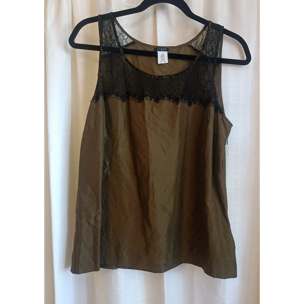 J. Crew 100% Silk Olive Green Black Lace Side Zip Tank Womens 10 Beach Casual